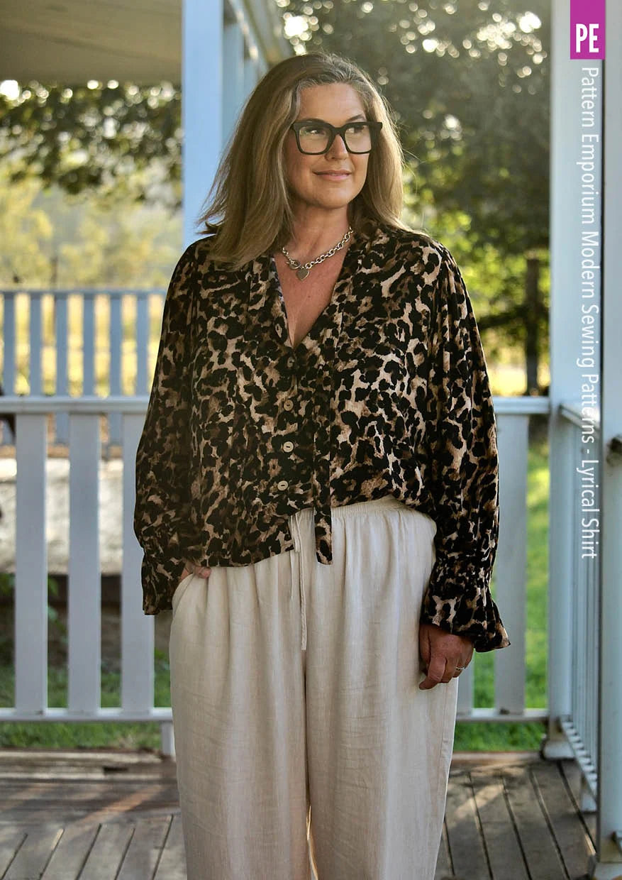 Tie Neck Shirt PDF Sewing Pattern for Soft Drapey Wovens, Featuring Puff Sleeves and a Gathered Frill