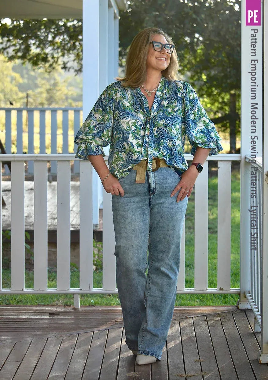 Tie Neck Shirt PDF Sewing Pattern for Soft Drapey Wovens, Featuring Puff Sleeves and a Gathered Frill