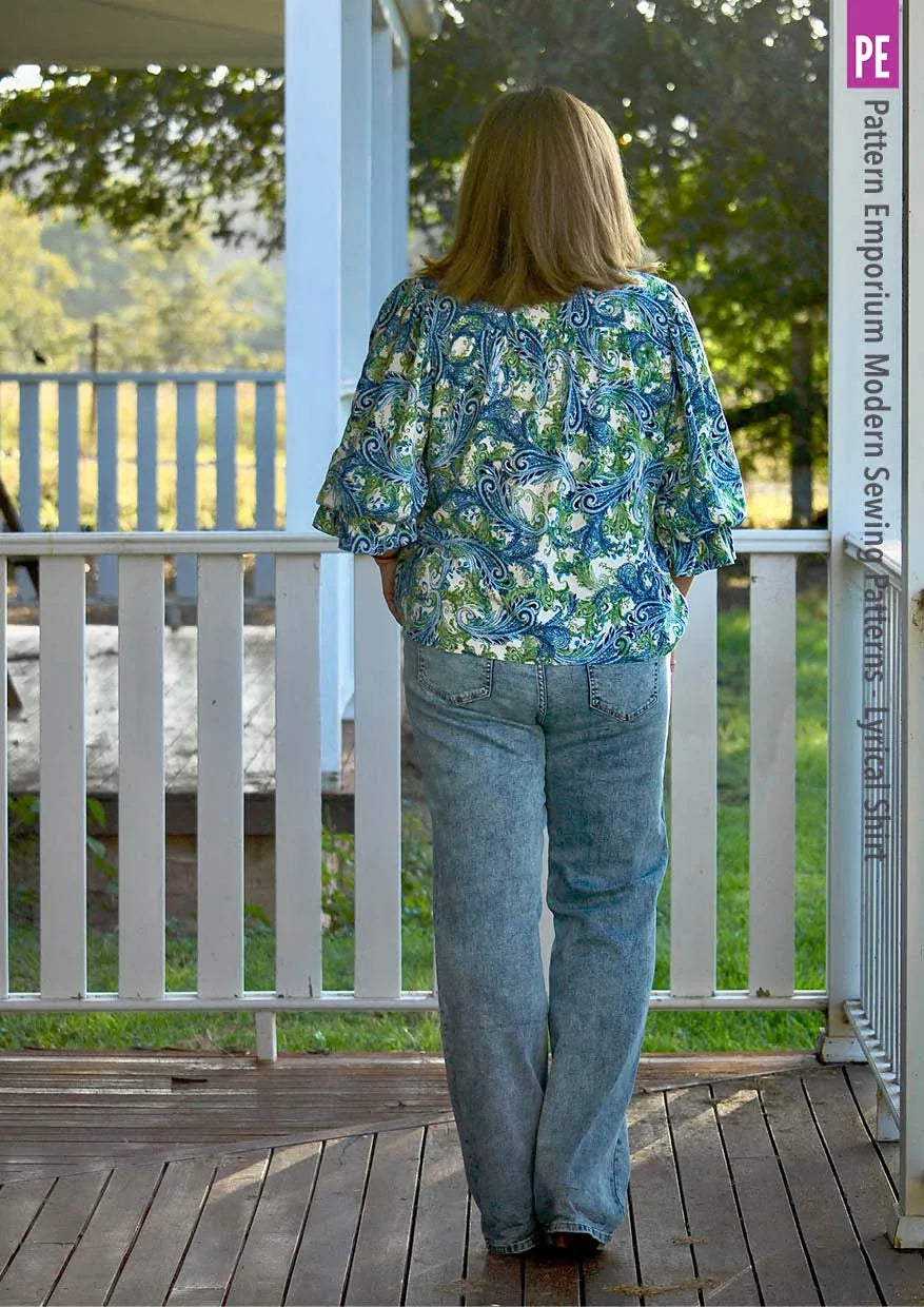 Tie Neck Shirt PDF Sewing Pattern for Soft Drapey Wovens, Featuring Puff Sleeves and a Gathered Frill
