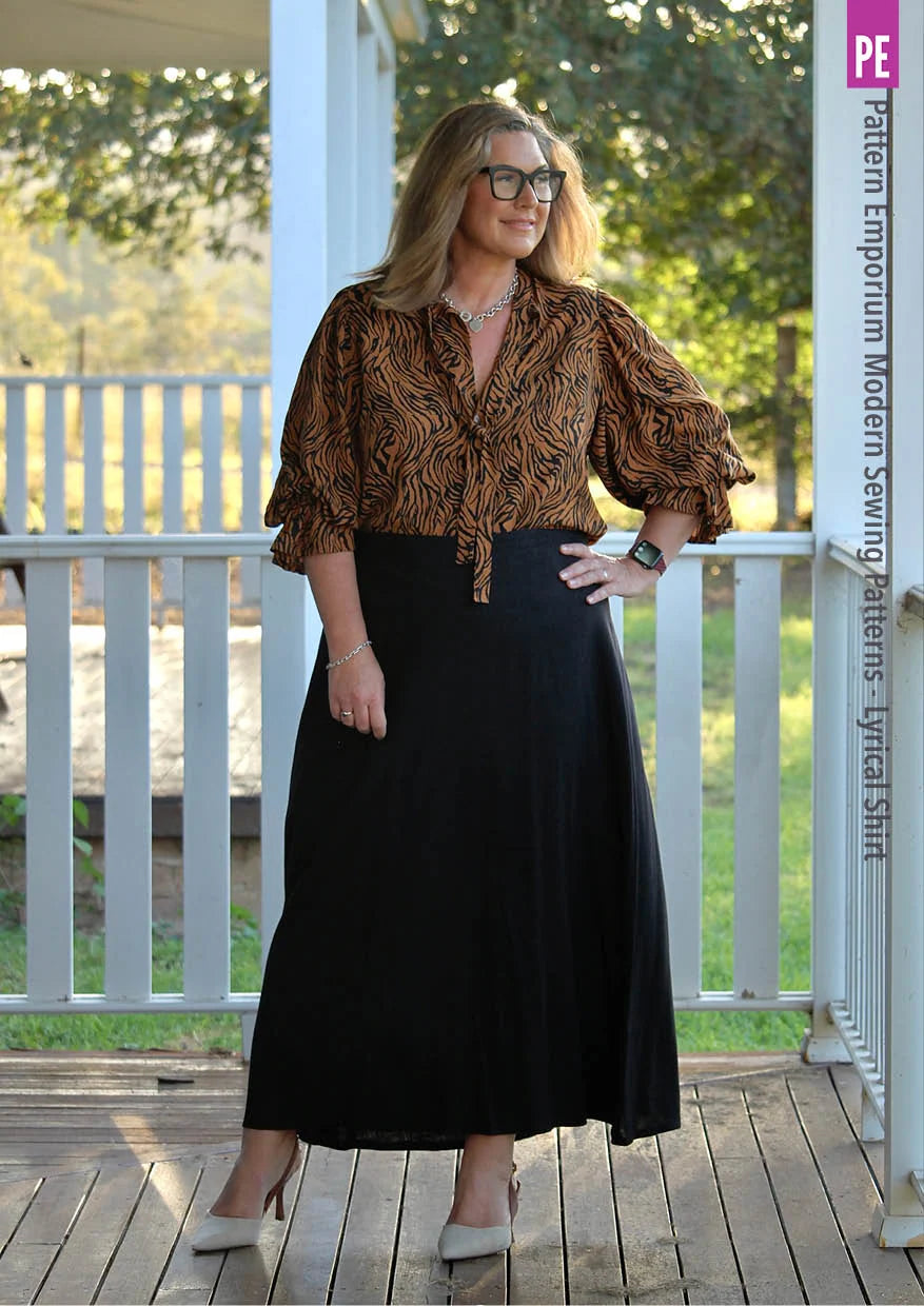 Tie Neck Shirt PDF Sewing Pattern for Soft Drapey Wovens, Featuring Puff Sleeves and a Gathered Frill