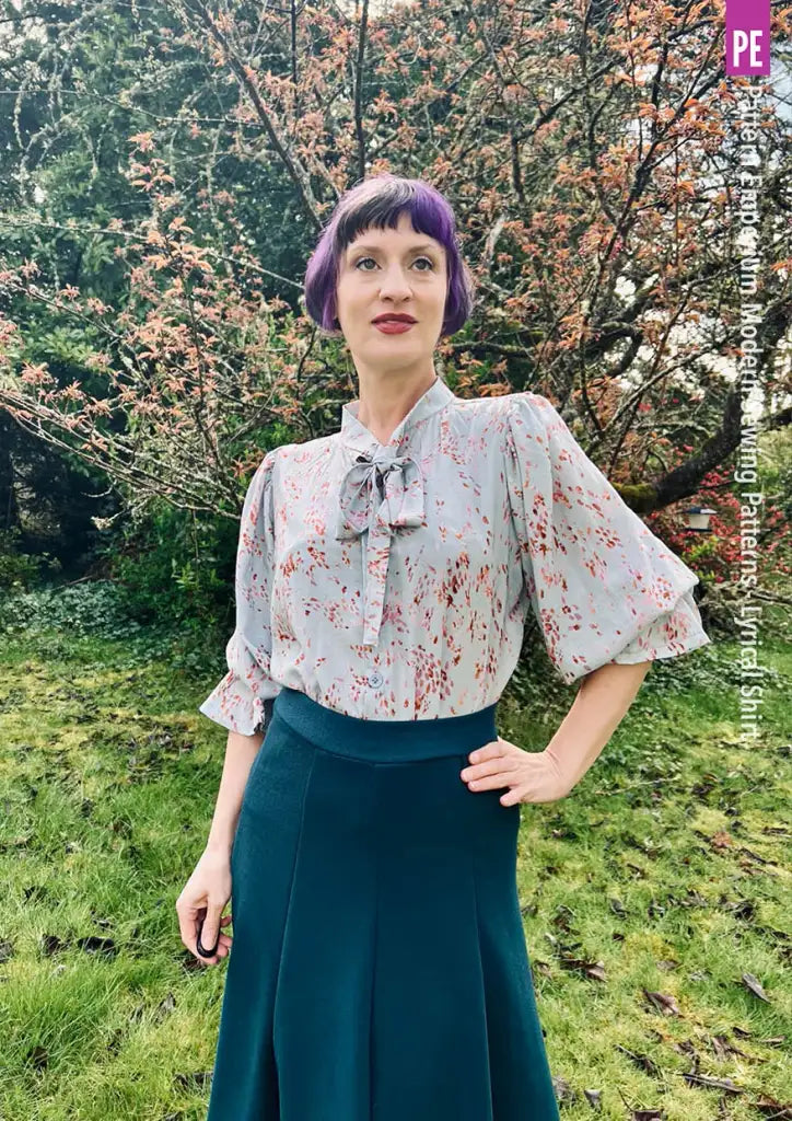 Tie Neck Shirt PDF Sewing Pattern for Soft Drapey Wovens, Featuring Puff Sleeves and a Gathered Frill