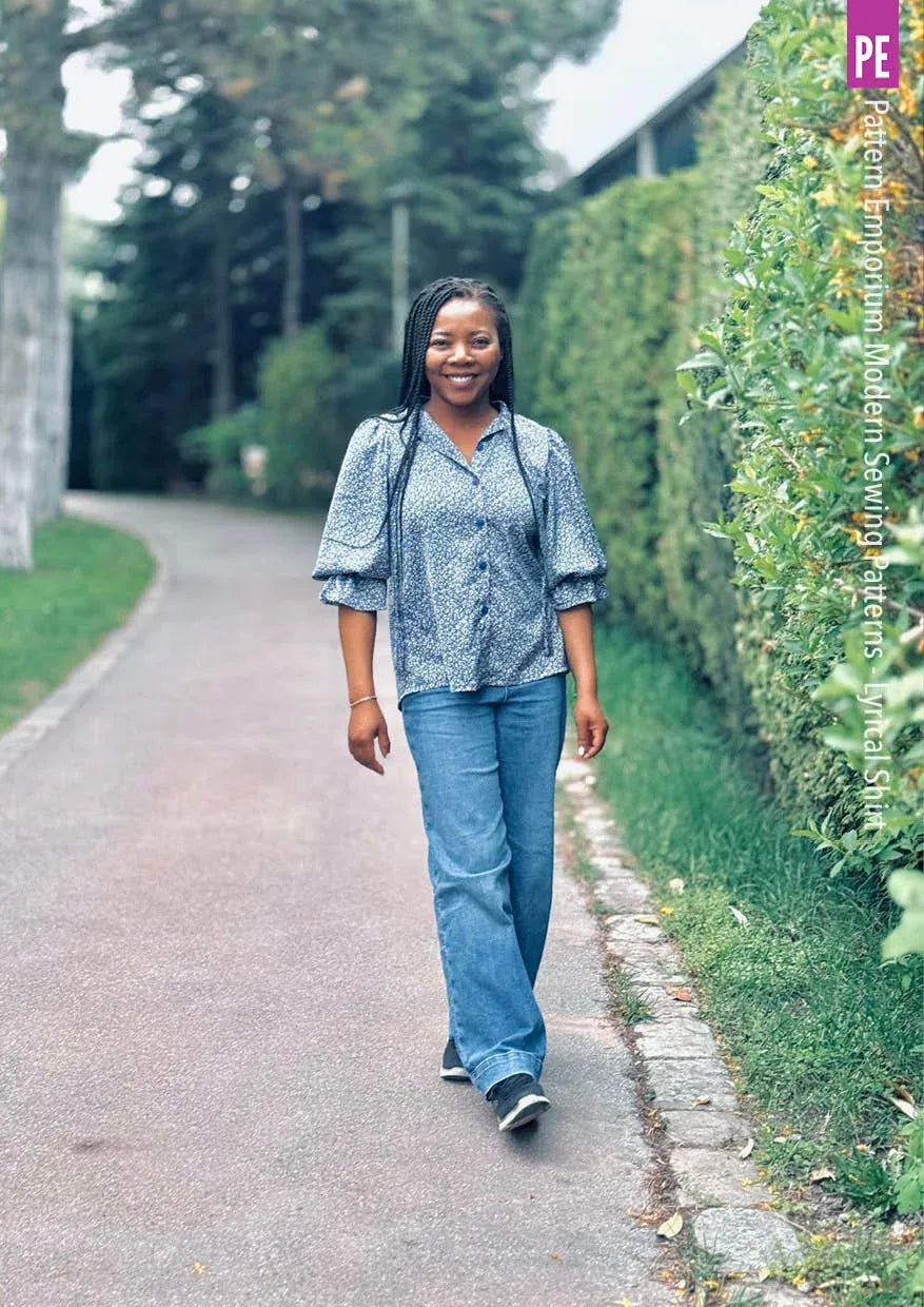 Tie Neck Shirt PDF Sewing Pattern for Soft Drapey Wovens, Featuring Puff Sleeves and a Gathered Frill