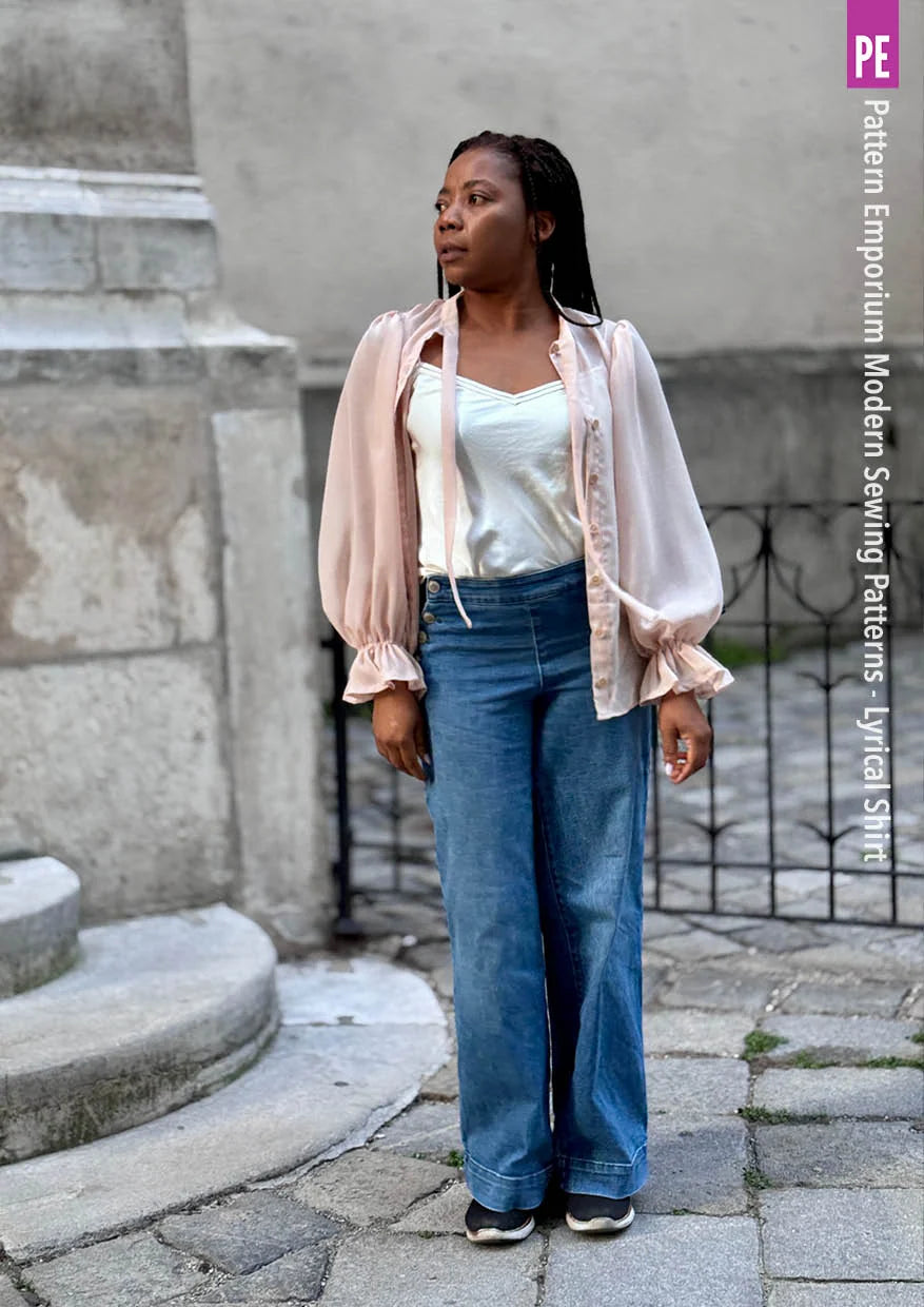 Tie Neck Shirt PDF Sewing Pattern for Soft Drapey Wovens, Featuring Puff Sleeves and a Gathered Frill
