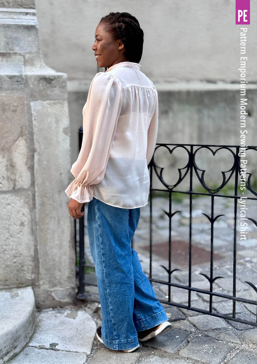 Tie Neck Shirt PDF Sewing Pattern for Soft Drapey Wovens, Featuring Puff Sleeves and a Gathered Frill