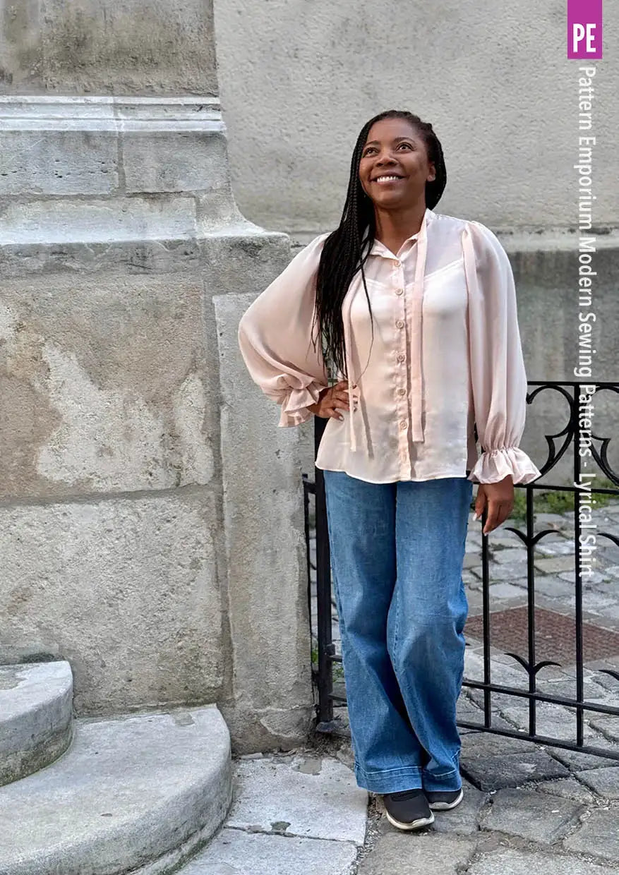Tie Neck Shirt PDF Sewing Pattern for Soft Drapey Wovens, Featuring Puff Sleeves and a Gathered Frill