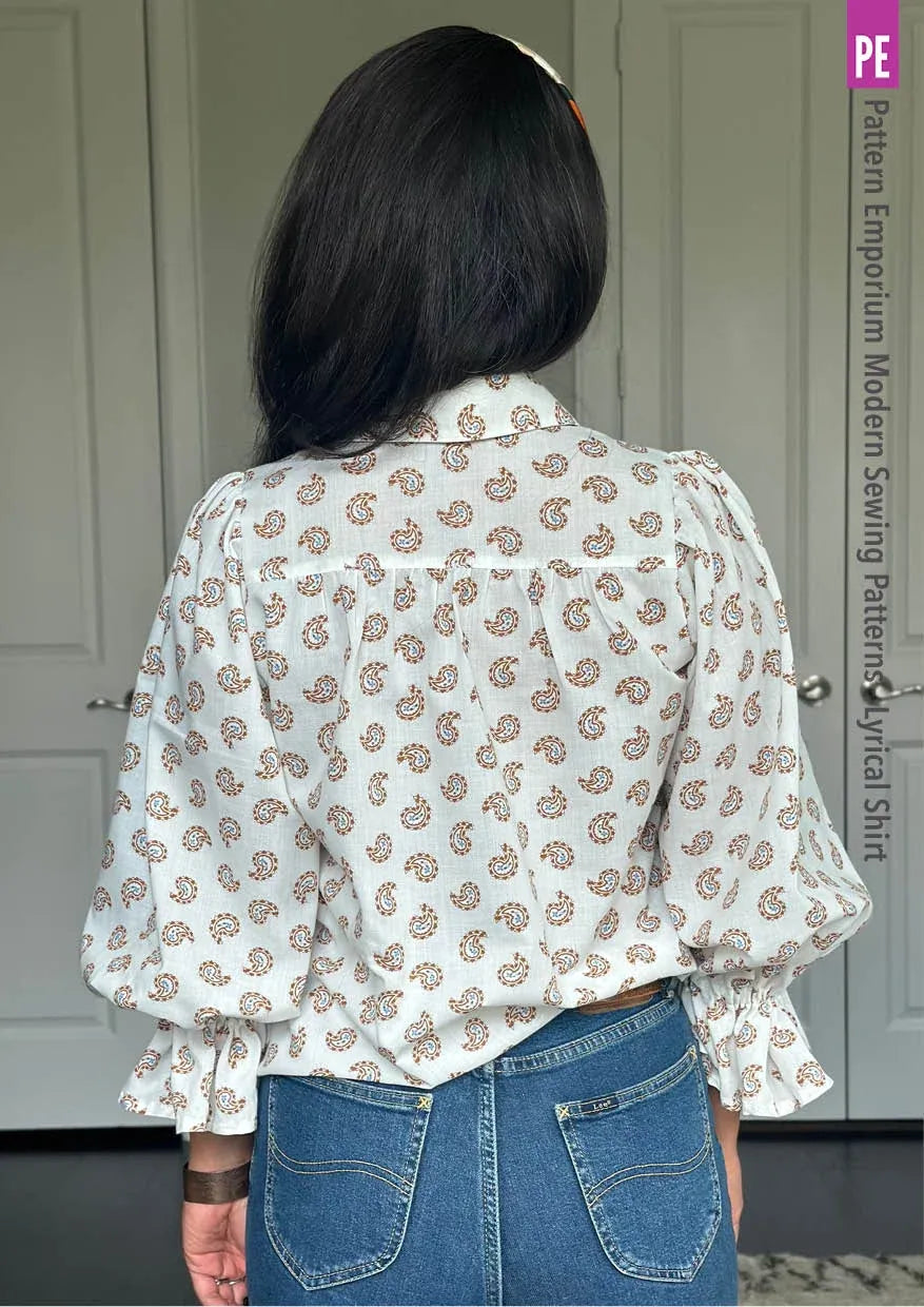 Tie Neck Shirt PDF Sewing Pattern for Soft Drapey Wovens, Featuring Puff Sleeves and a Gathered Frill