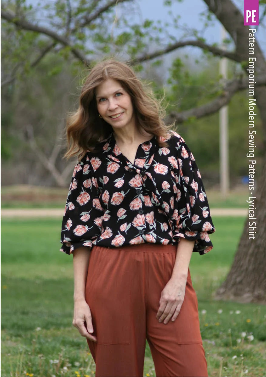 Tie Neck Shirt PDF Sewing Pattern for Soft Drapey Wovens, Featuring Puff Sleeves and a Gathered Frill