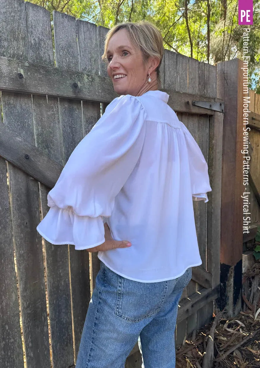 Tie Neck Shirt PDF Sewing Pattern for Soft Drapey Wovens, Featuring Puff Sleeves and a Gathered Frill