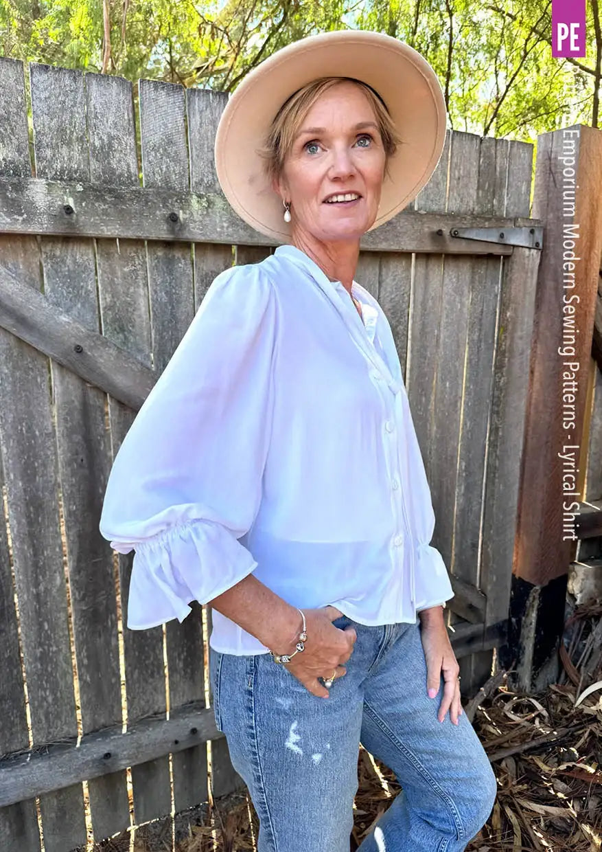 Tie Neck Shirt PDF Sewing Pattern for Soft Drapey Wovens, Featuring Puff Sleeves and a Gathered Frill