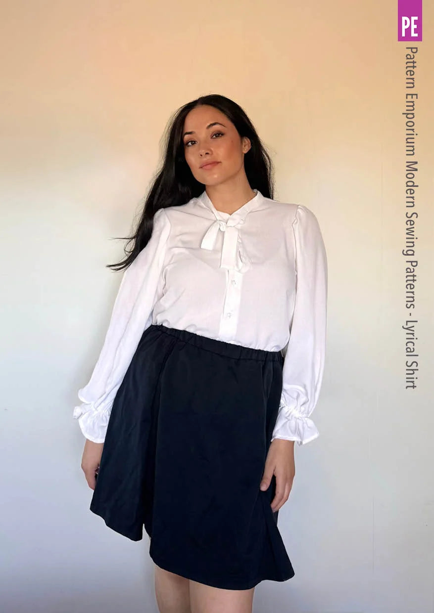 Tie Neck Shirt PDF Sewing Pattern for Soft Drapey Wovens, Featuring Puff Sleeves and a Gathered Frill