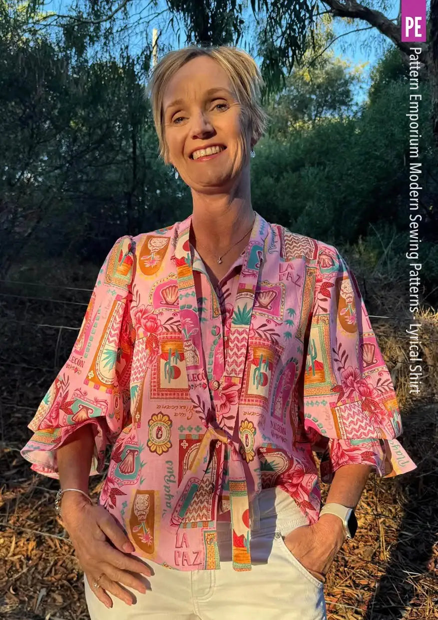 Tie Neck Shirt PDF Sewing Pattern for Soft Drapey Wovens, Featuring Puff Sleeves and a Gathered Frill