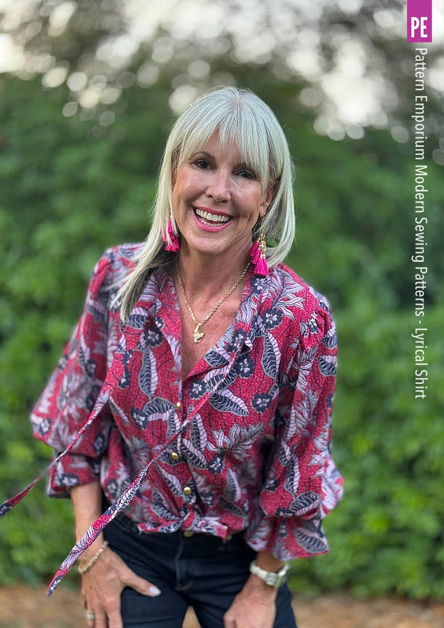 Tie Neck Shirt PDF Sewing Pattern for Soft Drapey Wovens, Featuring Puff Sleeves and a Gathered Frill