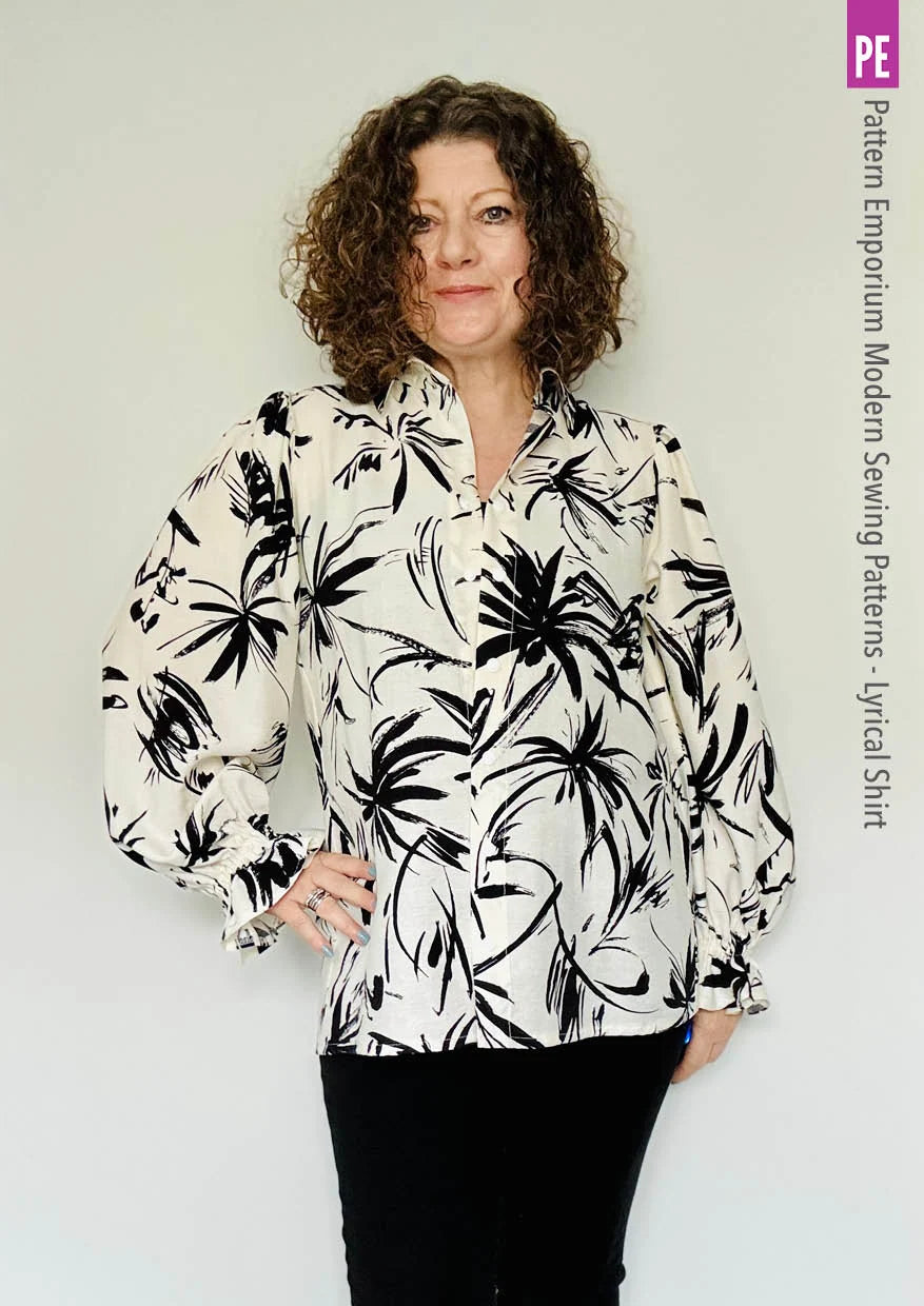 Tie Neck Shirt PDF Sewing Pattern for Soft Drapey Wovens, Featuring Puff Sleeves and a Gathered Frill