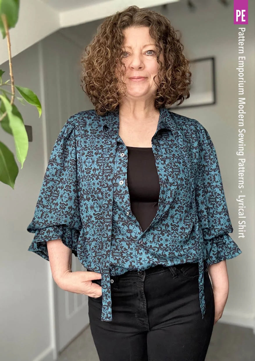 Tie Neck Shirt PDF Sewing Pattern for Soft Drapey Wovens, Featuring Puff Sleeves and a Gathered Frill