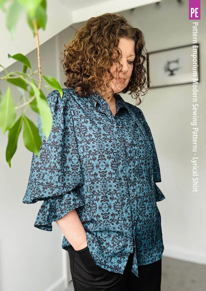 Tie Neck Shirt PDF Sewing Pattern for Soft Drapey Wovens, Featuring Puff Sleeves and a Gathered Frill