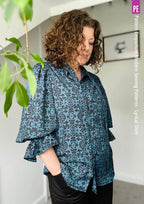 Tie Neck Shirt PDF Sewing Pattern for Soft Drapey Wovens, Featuring Puff Sleeves and a Gathered Frill