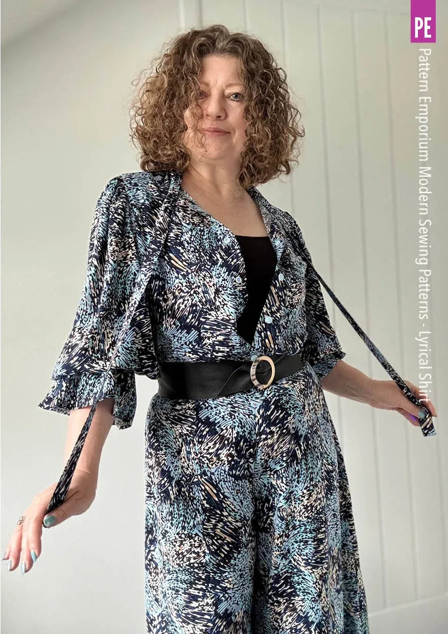 Tie Neck Shirt PDF Sewing Pattern for Soft Drapey Wovens, Featuring Puff Sleeves and a Gathered Frill