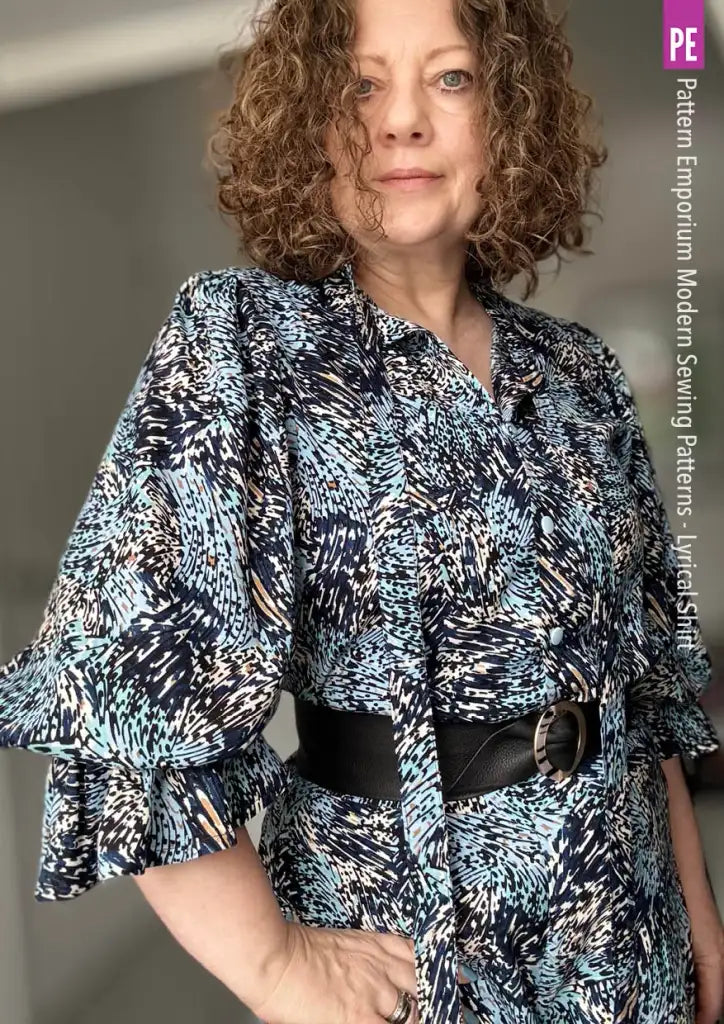 Tie Neck Shirt PDF Sewing Pattern for Soft Drapey Wovens, Featuring Puff Sleeves and a Gathered Frill