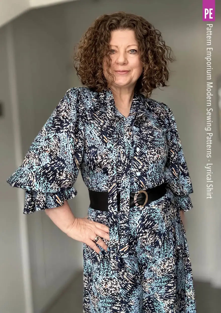 Tie Neck Shirt PDF Sewing Pattern for Soft Drapey Wovens, Featuring Puff Sleeves and a Gathered Frill