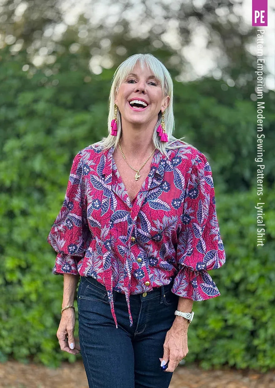 Tie Neck Shirt PDF Sewing Pattern for Soft Drapey Wovens, Featuring Puff Sleeves and a Gathered Frill