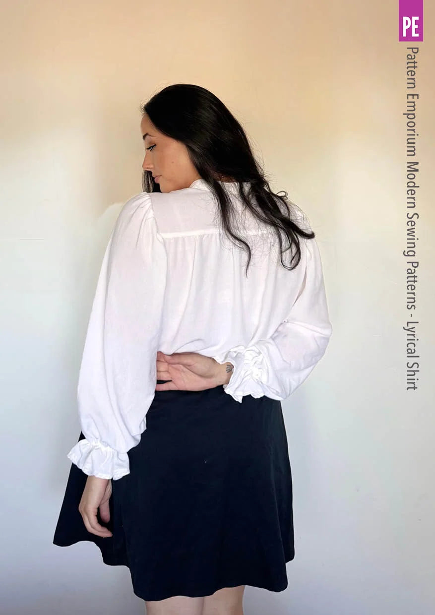 Tie Neck Shirt PDF Sewing Pattern for Soft Drapey Wovens, Featuring Puff Sleeves and a Gathered Frill