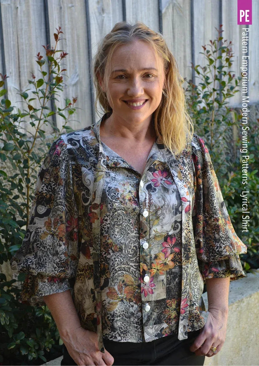 Tie Neck Shirt PDF Sewing Pattern for Soft Drapey Wovens, Featuring Puff Sleeves and a Gathered Frill