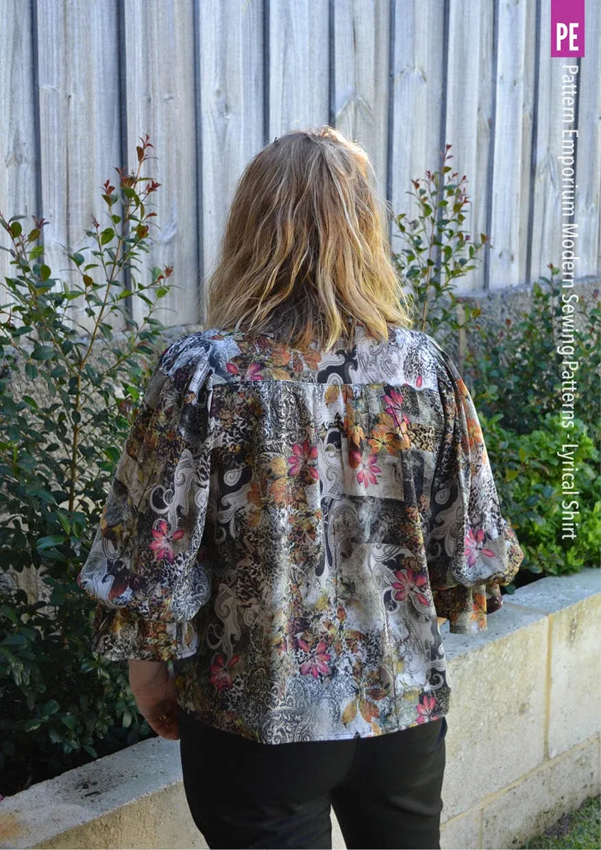 Tie Neck Shirt PDF Sewing Pattern for Soft Drapey Wovens, Featuring Puff Sleeves and a Gathered Frill