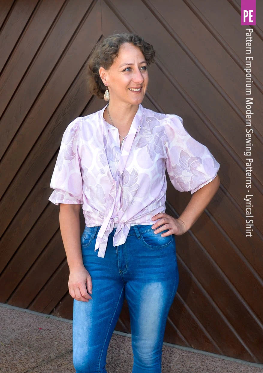 Tie Neck Shirt PDF Sewing Pattern for Soft Drapey Wovens, Featuring Puff Sleeves and a Gathered Frill