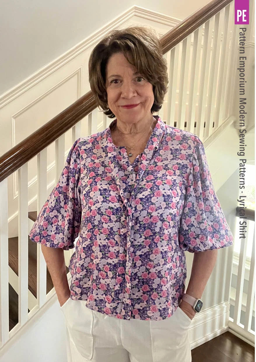 Tie Neck Shirt PDF Sewing Pattern for Soft Drapey Wovens, Featuring Puff Sleeves and a Gathered Frill