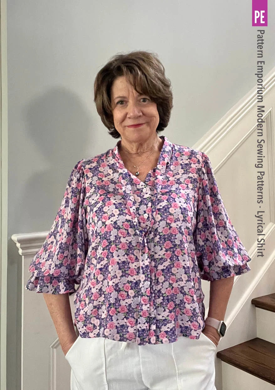 Tie Neck Shirt PDF Sewing Pattern for Soft Drapey Wovens, Featuring Puff Sleeves and a Gathered Frill