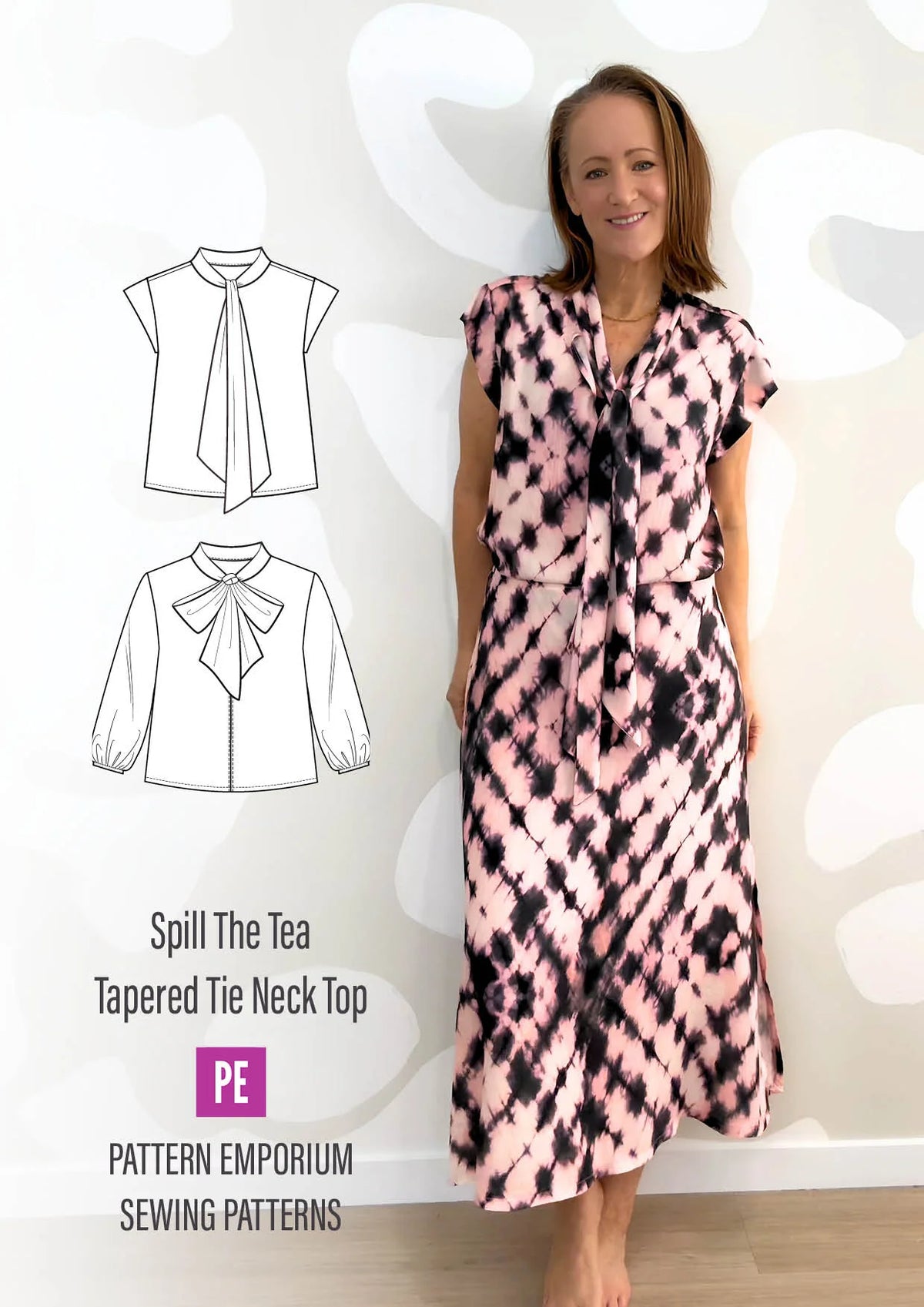 Tie Neck Top PDF Sewing Pattern for Women Featuring a Tapered Neck Tie and Cap or Flared Long Sleeves