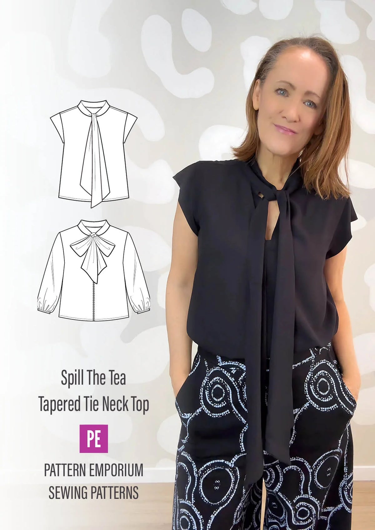 Tie Neck Top PDF Sewing Pattern for Women Featuring a Tapered Neck Tie and Cap or Flared Long Sleeves