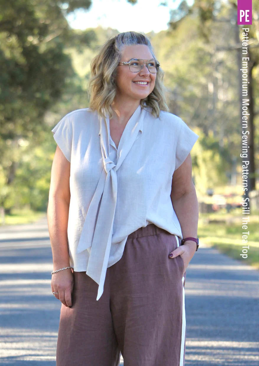 Tie Neck Top PDF Sewing Pattern for Women Featuring a Tapered Neck Tie and Cap or Flared Long Sleeves