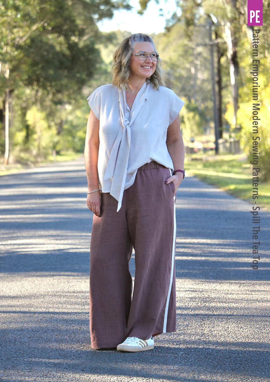 Tie Neck Top PDF Sewing Pattern for Women Featuring a Tapered Neck Tie and Cap or Flared Long Sleeves