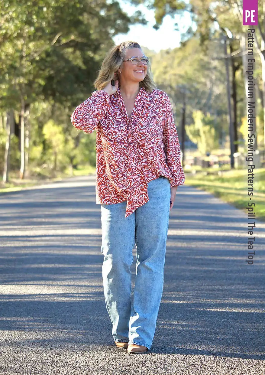 Tie Neck Top PDF Sewing Pattern for Women Featuring a Tapered Neck Tie and Cap or Flared Long Sleeves