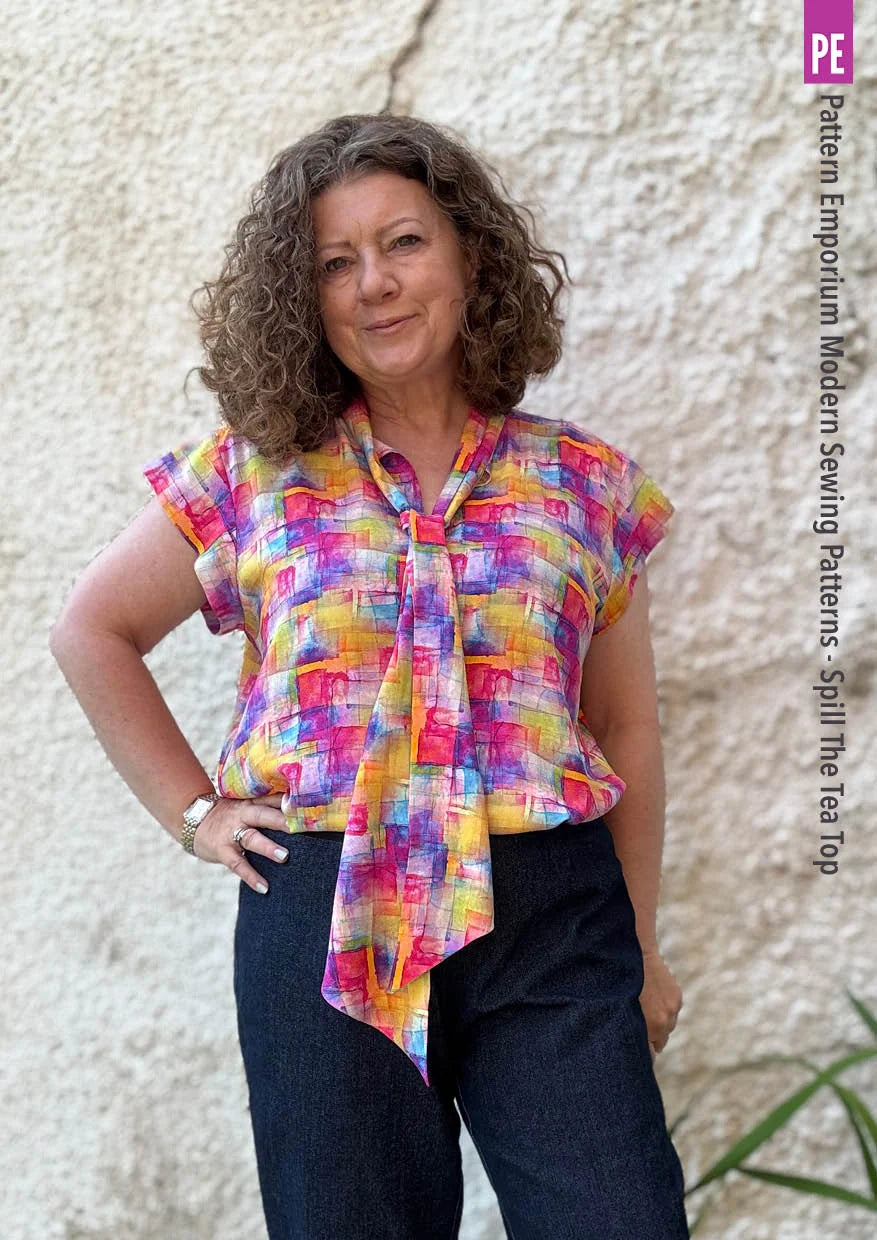 Tie Neck Top PDF Sewing Pattern for Women Featuring a Tapered Neck Tie and Cap or Flared Long Sleeves