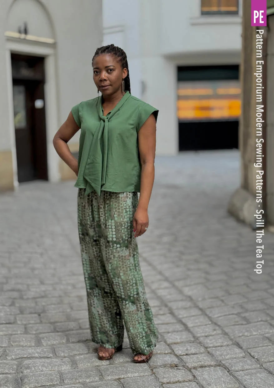 Tie Neck Top PDF Sewing Pattern for Women Featuring a Tapered Neck Tie and Cap or Flared Long Sleeves