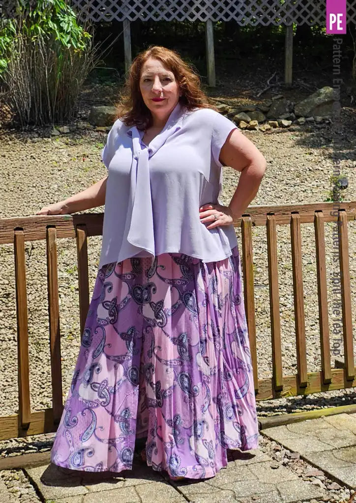 Tie Neck Top PDF Sewing Pattern for Women Featuring a Tapered Neck Tie and Cap or Flared Long Sleeves