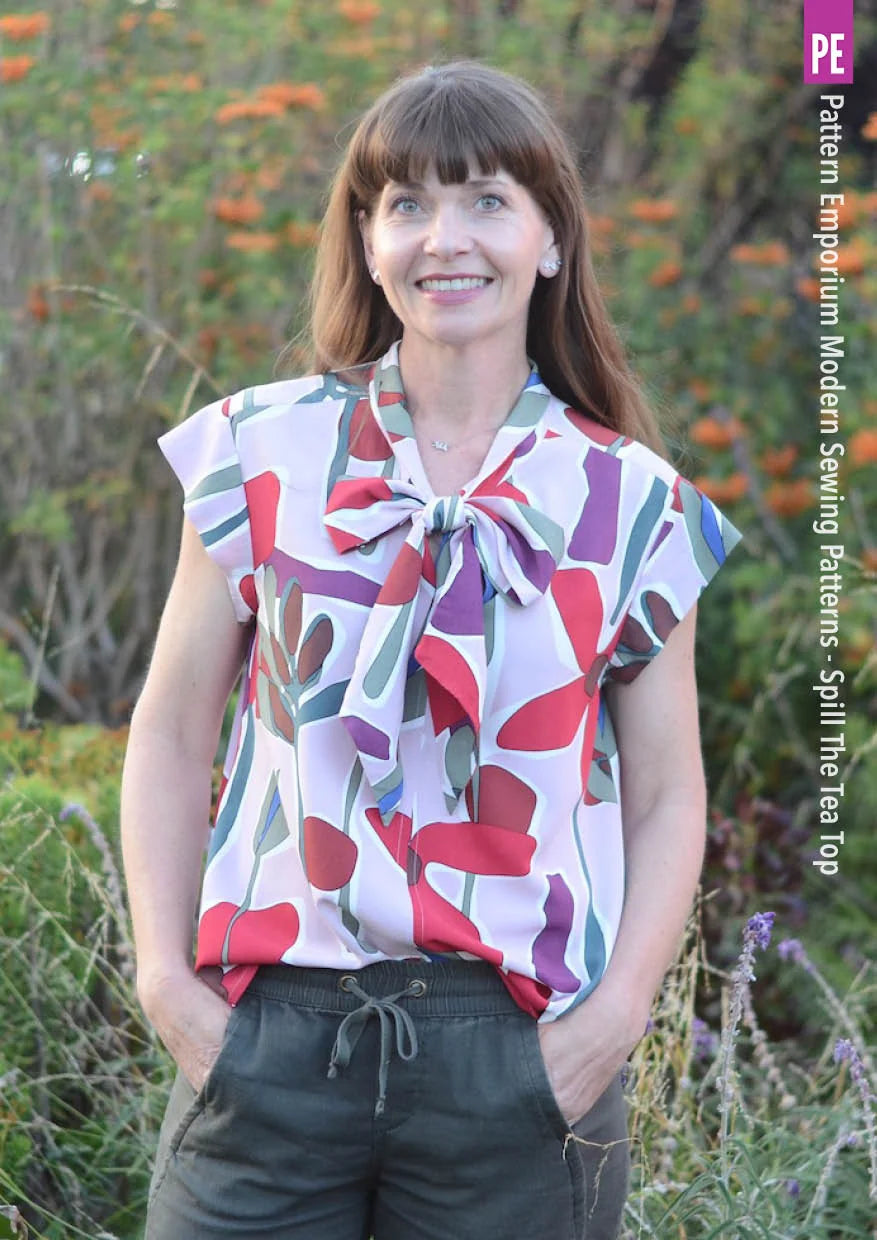 Tie Neck Top PDF Sewing Pattern for Women Featuring a Tapered Neck Tie and Cap or Flared Long Sleeves