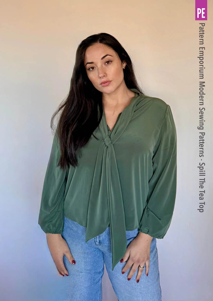 Tie Neck Top PDF Sewing Pattern for Women Featuring a Tapered Neck Tie and Cap or Flared Long Sleeves