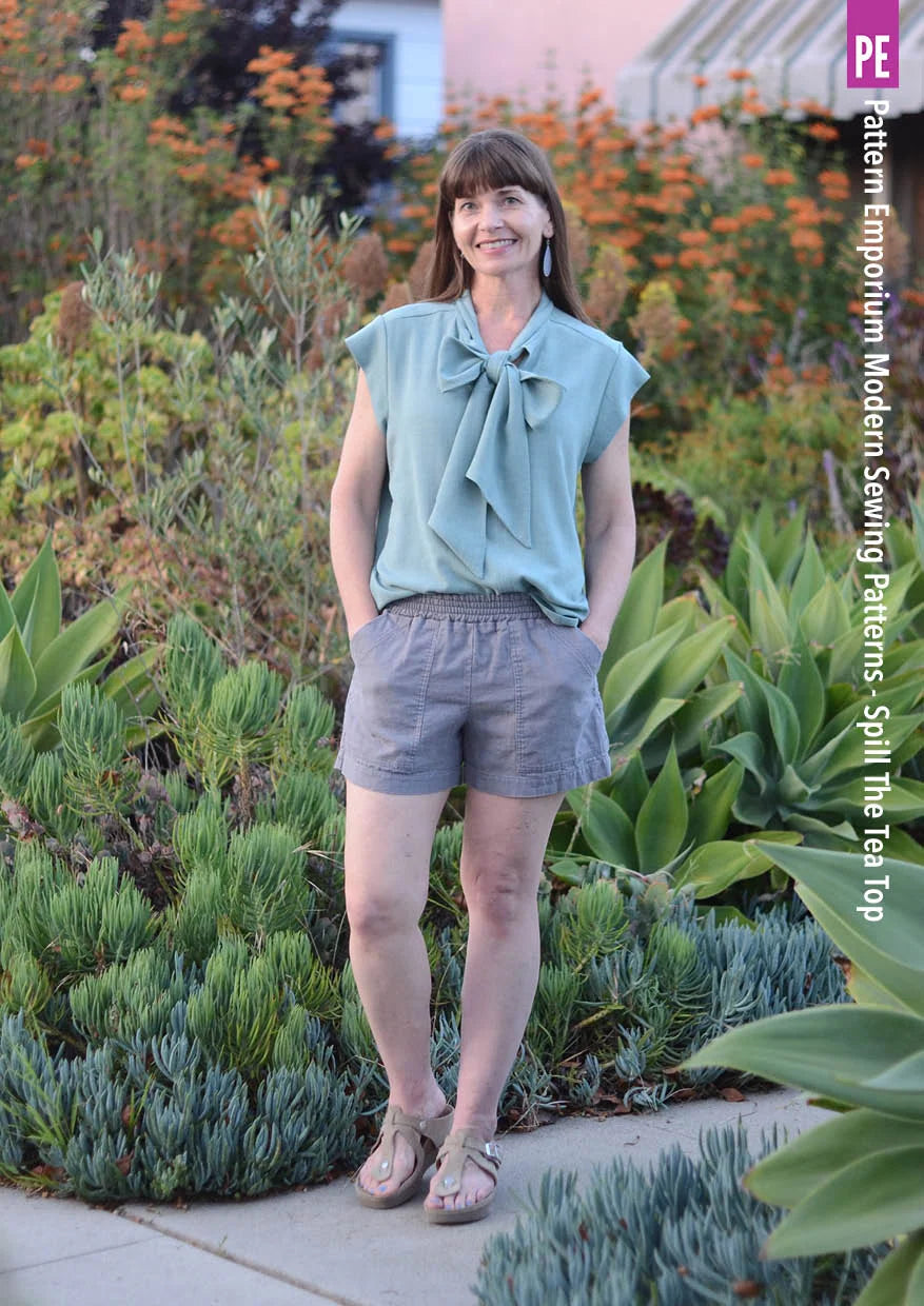 Tie Neck Top PDF Sewing Pattern for Women Featuring a Tapered Neck Tie and Cap or Flared Long Sleeves
