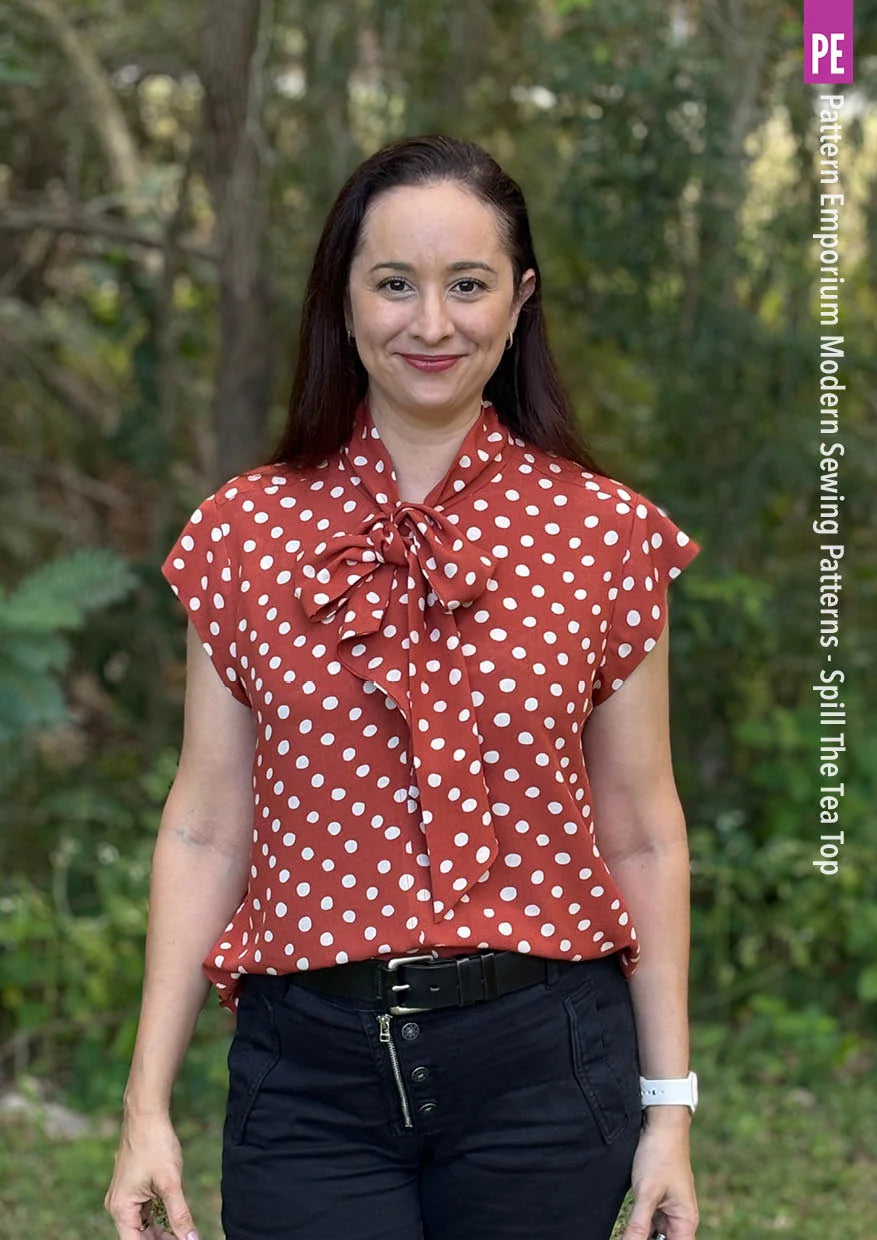 Tie Neck Top PDF Sewing Pattern for Women Featuring a Tapered Neck Tie and Cap or Flared Long Sleeves
