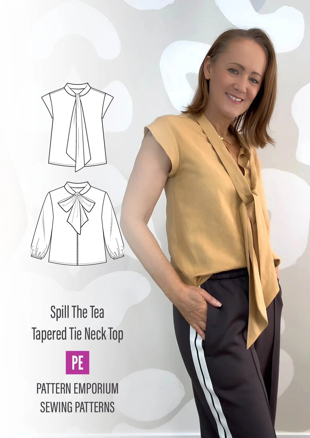 Tie Neck Top PDF Sewing Pattern for Women Featuring a Tapered Neck Tie and Cap or Flared Long Sleeves