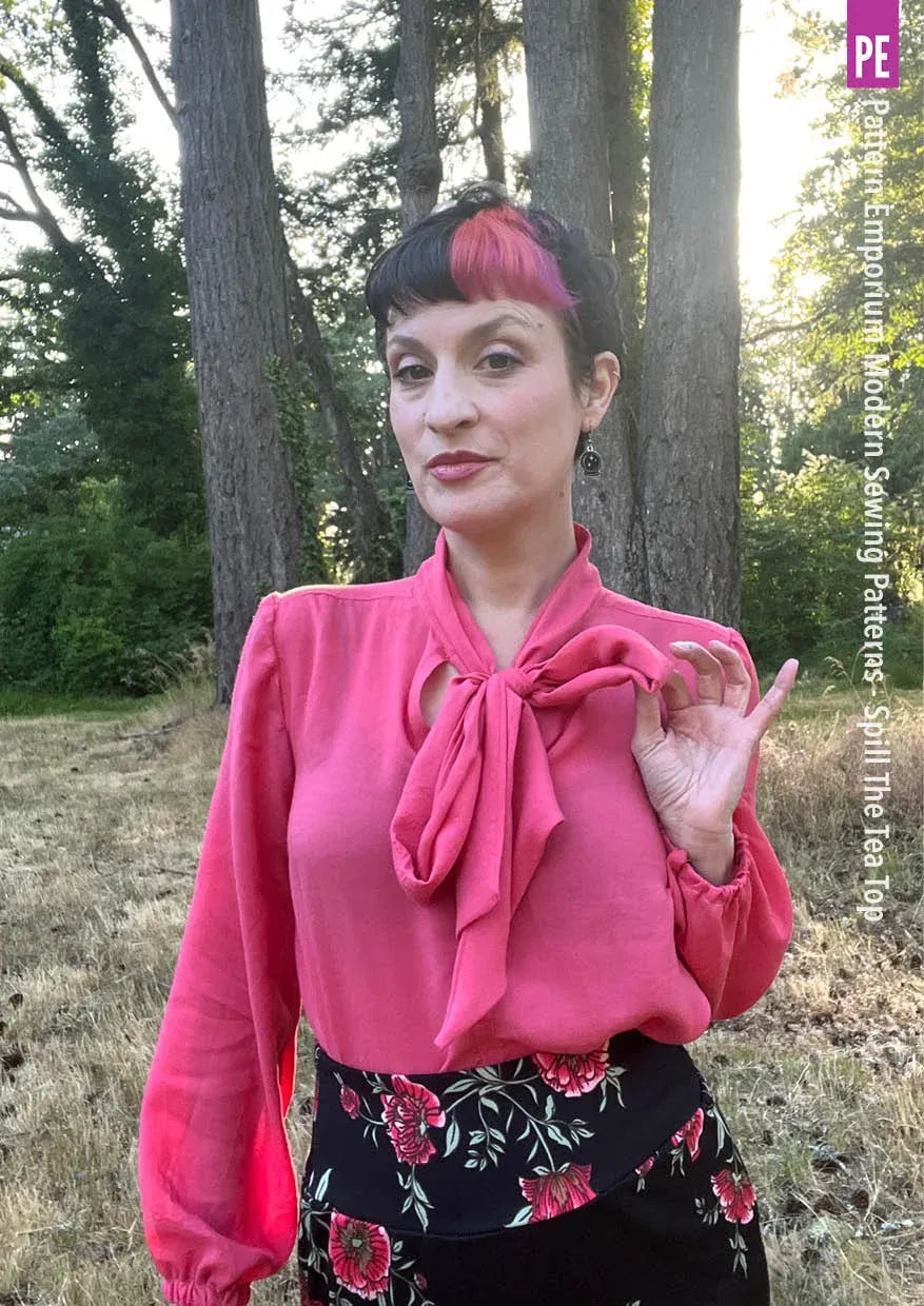 Tie Neck Top PDF Sewing Pattern for Women Featuring a Tapered Neck Tie and Cap or Flared Long Sleeves