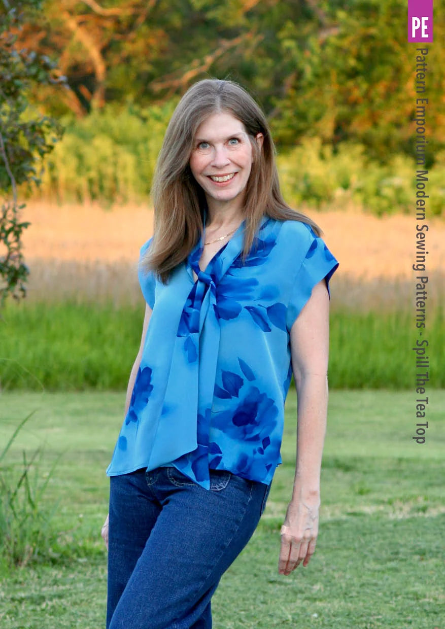 Tie Neck Top PDF Sewing Pattern for Women Featuring a Tapered Neck Tie and Cap or Flared Long Sleeves