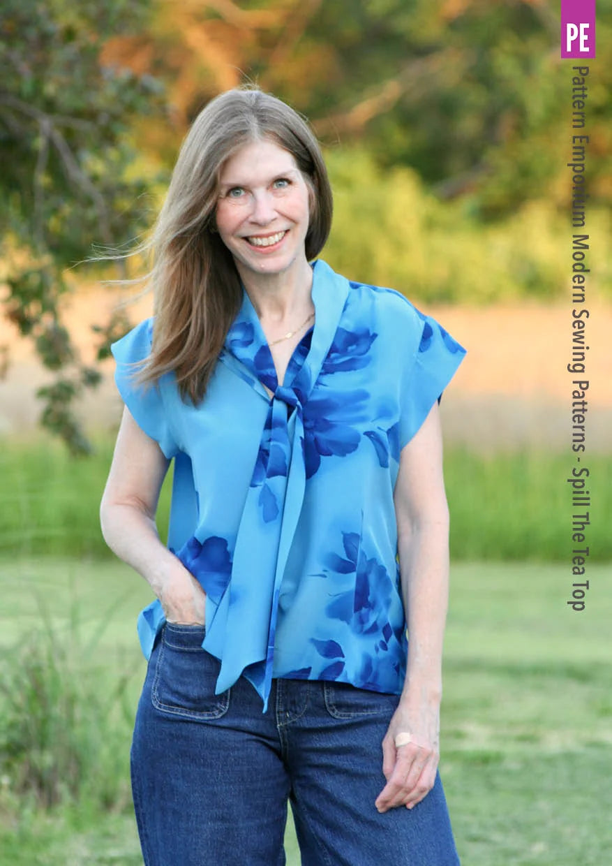 Tie Neck Top PDF Sewing Pattern for Women Featuring a Tapered Neck Tie and Cap or Flared Long Sleeves