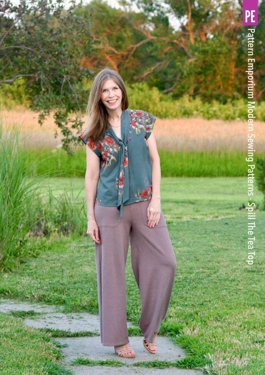 Tie Neck Top PDF Sewing Pattern for Women Featuring a Tapered Neck Tie and Cap or Flared Long Sleeves