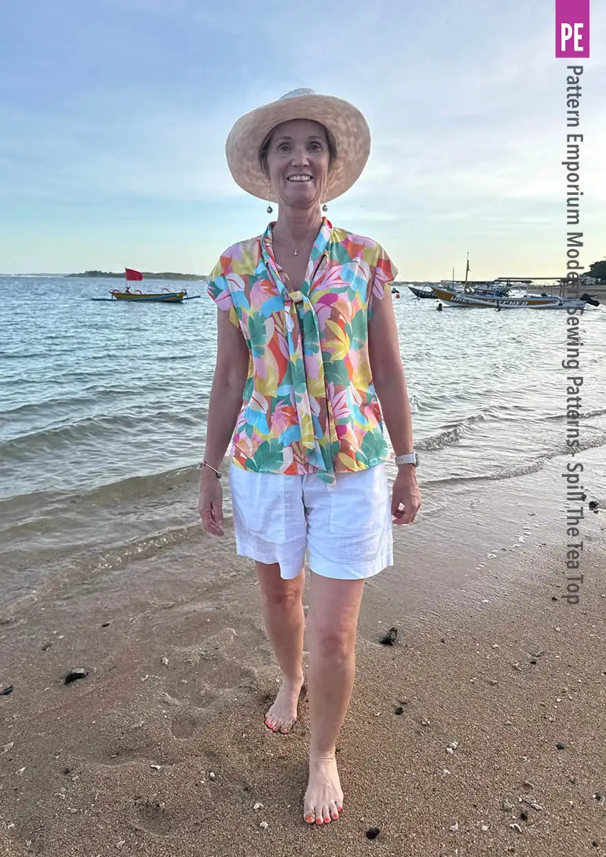 Tie Neck Top PDF Sewing Pattern for Women Featuring a Tapered Neck Tie and Cap or Flared Long Sleeves