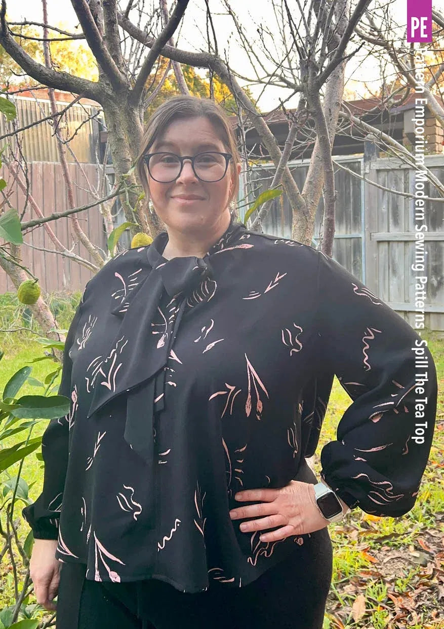 Tie Neck Top PDF Sewing Pattern for Women Featuring a Tapered Neck Tie and Cap or Flared Long Sleeves