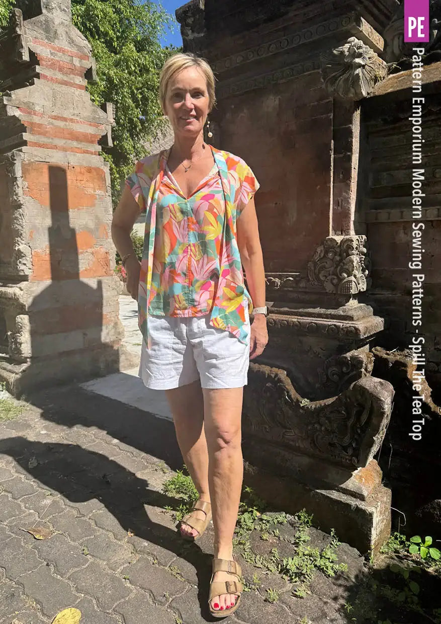 Tie Neck Top PDF Sewing Pattern for Women Featuring a Tapered Neck Tie and Cap or Flared Long Sleeves